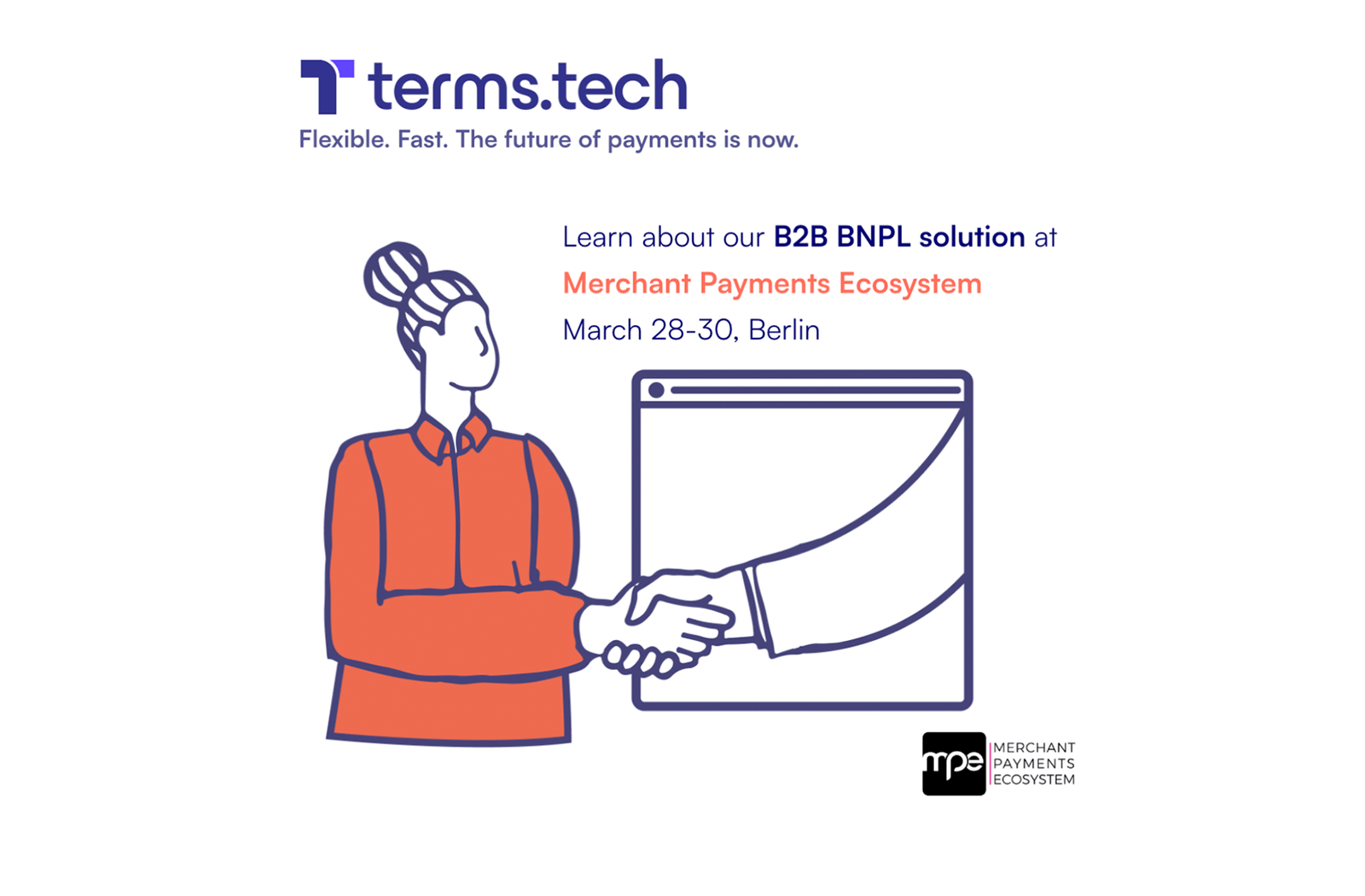 Image of a woman shaking hands with a computer screen with text reflecting Terms.Tech's participation in Merchant Payments Ecosystem 2023