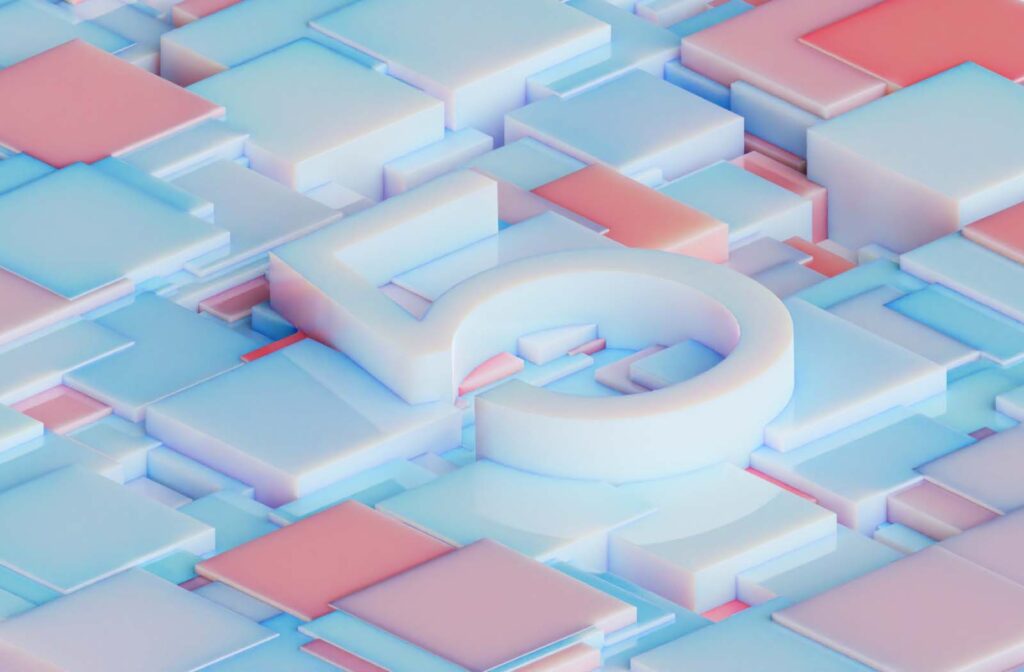 Image of blue and pink 3D blocks emerging with the number 5 on top representing the top 5 benefits of buy now pay later for B2B