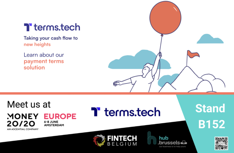 Terms.Tech participating at Money 20/20 Europe with an image of a man floating in the sky with a baloon