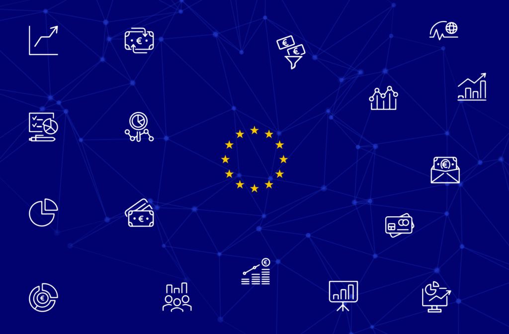 Various digital payment icons on an EU flag representing PSD3
