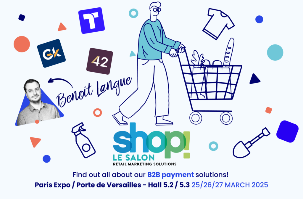 SHOP! Le Salon 2025 represented by a person with shopping cart. Meet Benoit Langue to learn about AREA42 working capital solutions.